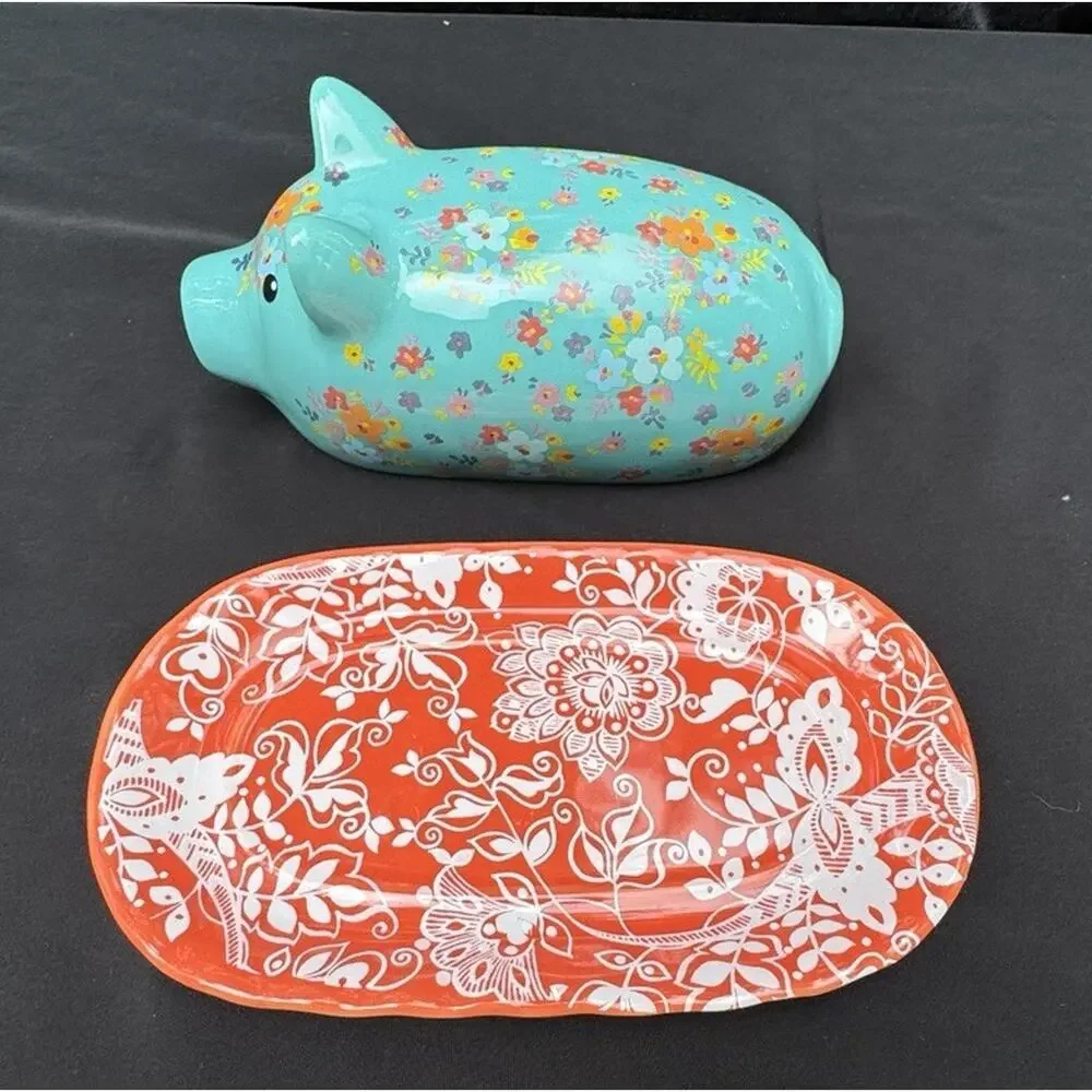 Gibson Ceramic Pig Covered Butter Dish Lid Tray Farmhouse Pioneer Woman EUC A82